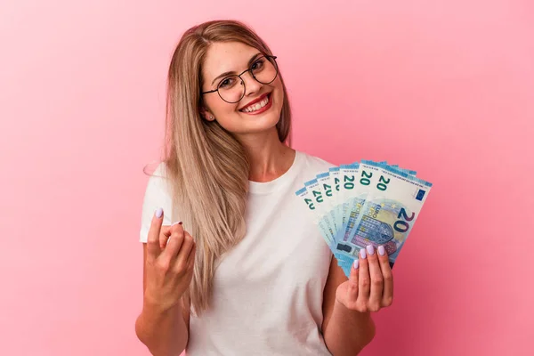 Young Russian Woman Holding Bills Isolated Pink Background Pointing Finger — Stock Photo, Image