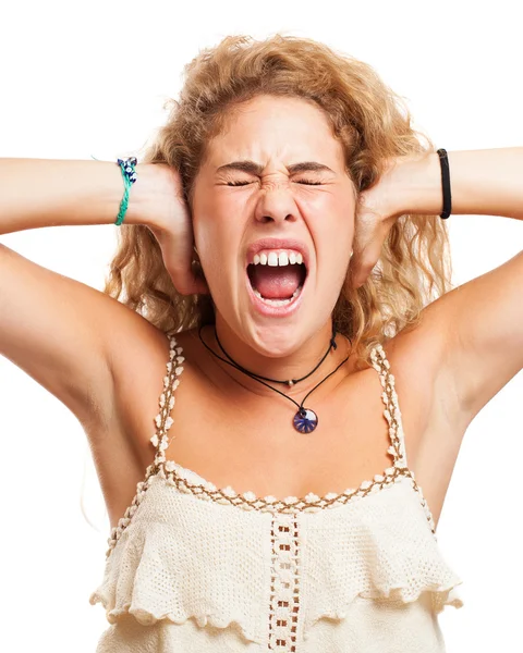 Stressed young girl covering ears — Stock Photo, Image