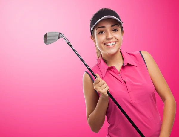 Mooi meisje houdt van golf stok — Stockfoto