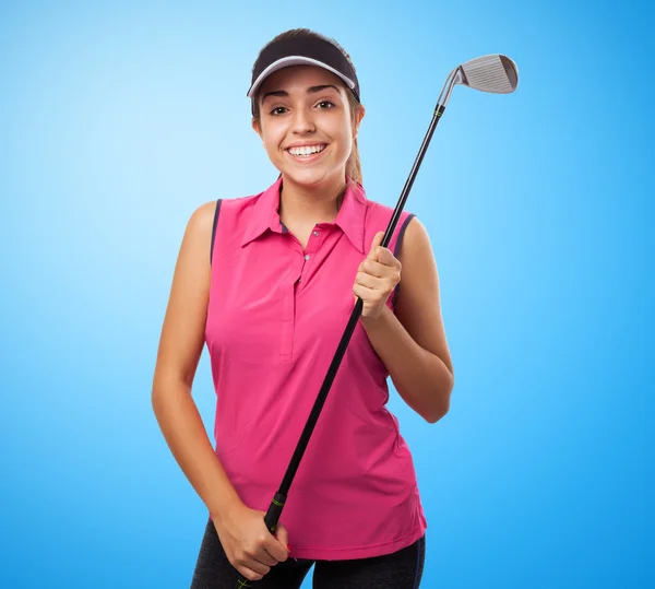 Pretty girl holding golf stick — Stock Photo, Image