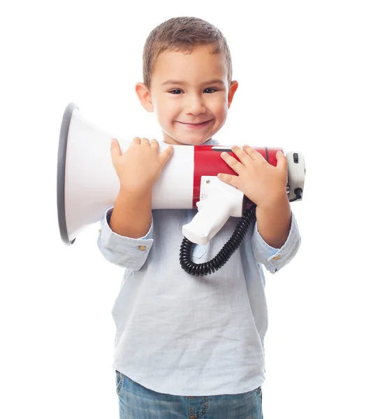 Kleine jongen bedrijf megafoon — Stockfoto