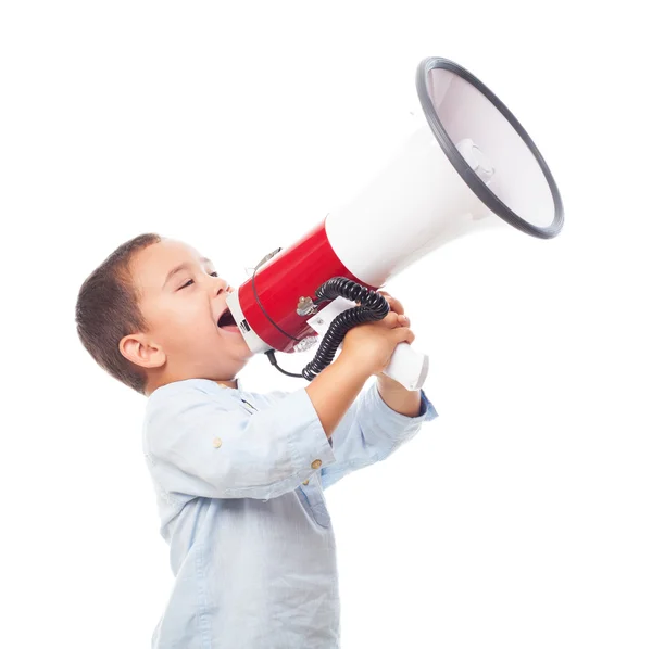 Kleine jongen schreeuwen op megafoon — Stockfoto