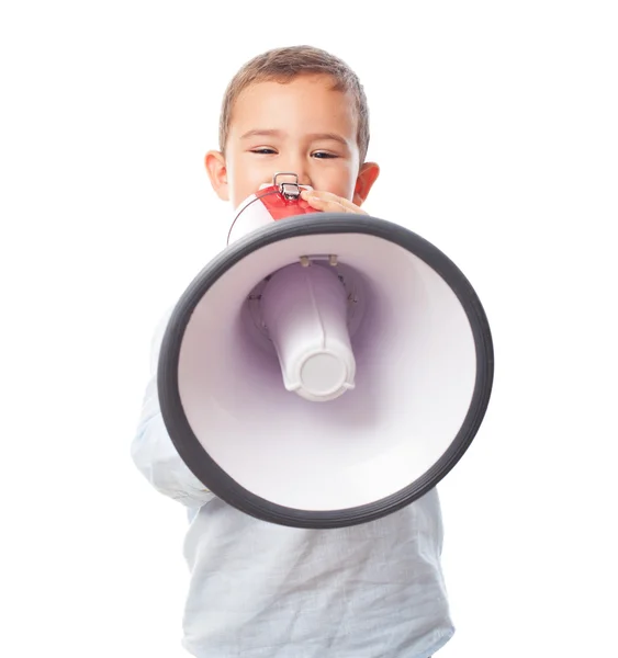 Menino gritando em megafone — Fotografia de Stock