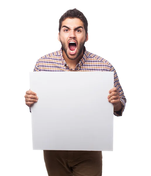 Mężczyzna krzyczy i trzymając transparent — Zdjęcie stockowe