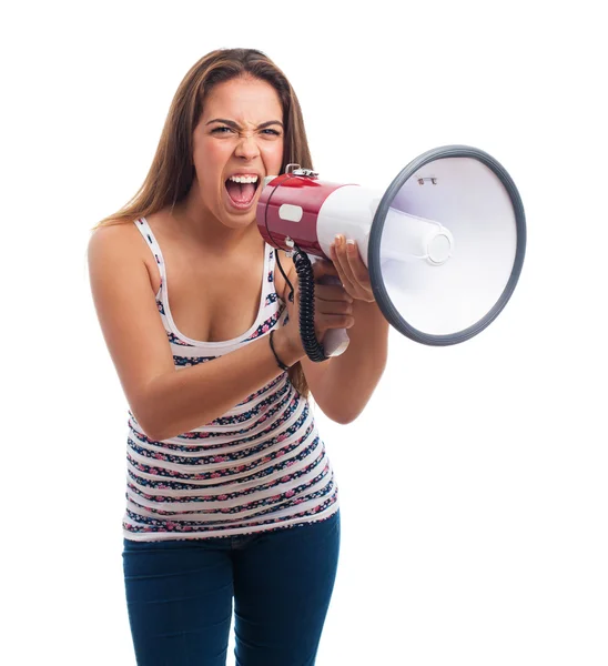 Mujer gritando con un megáfono — Foto de Stock