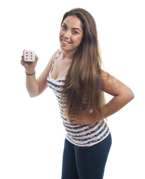 Girl holding dice — Stock Photo, Image