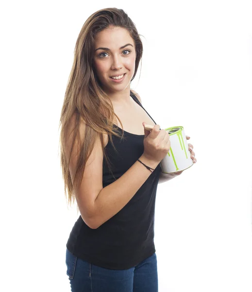 Girl holding a paint bucket — Stock Photo, Image