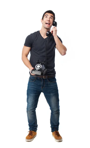 Man shouting to telephone — Stock Photo, Image