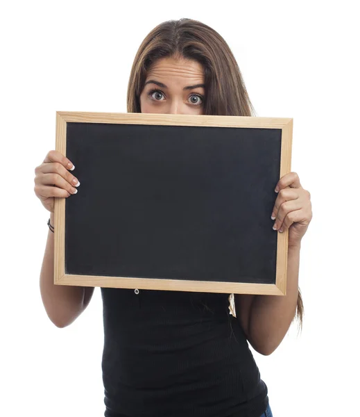 Portrét hezká dívka drží tabuli — Stock fotografie