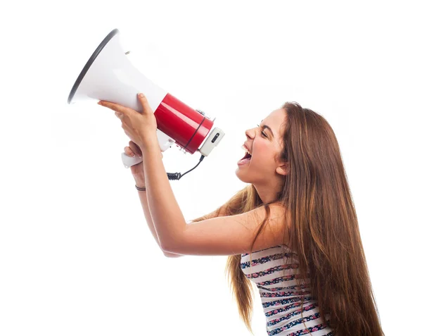 Chica gritando con un megáfono — Foto de Stock