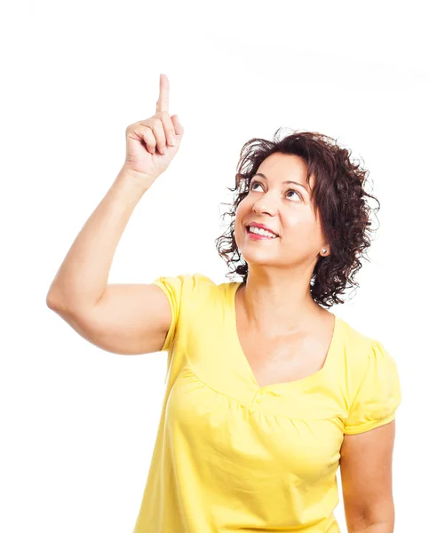 Reife Frau zeigt mit dem Finger — Stockfoto