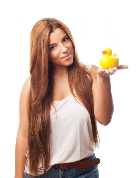 Dívka, která hračka kachna — Stock fotografie