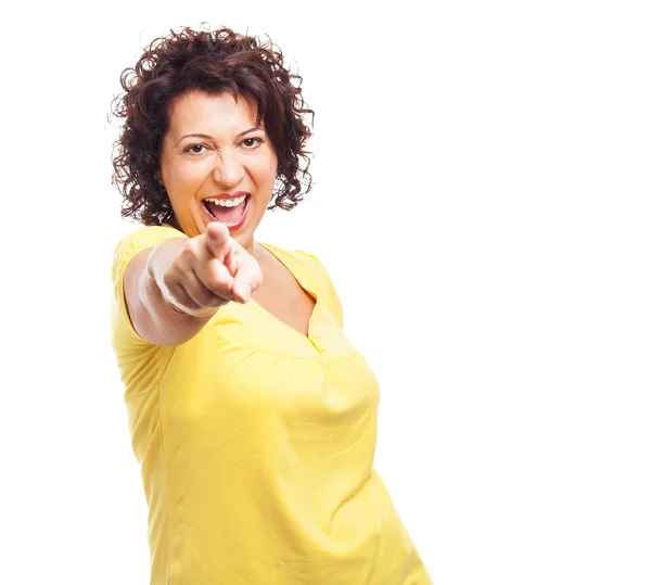 Woman points with her finger — Stock Photo, Image