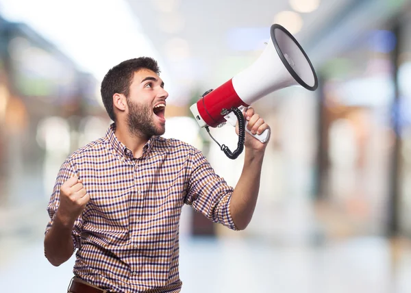 Man shouting with  megaphone — Stock Photo, Image