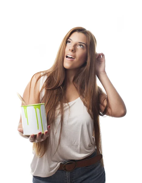 Woman holding a paint bucket — Stock Photo, Image