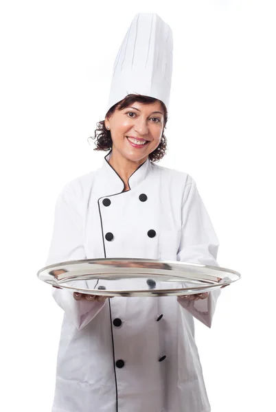 Mature woman ready to cook over white — Stock Photo, Image