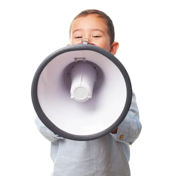 Rapaz a gritar com o megafone — Fotografia de Stock