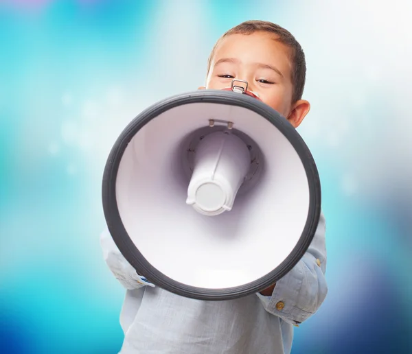 Boy shouting with the megaphone — Stock Photo, Image