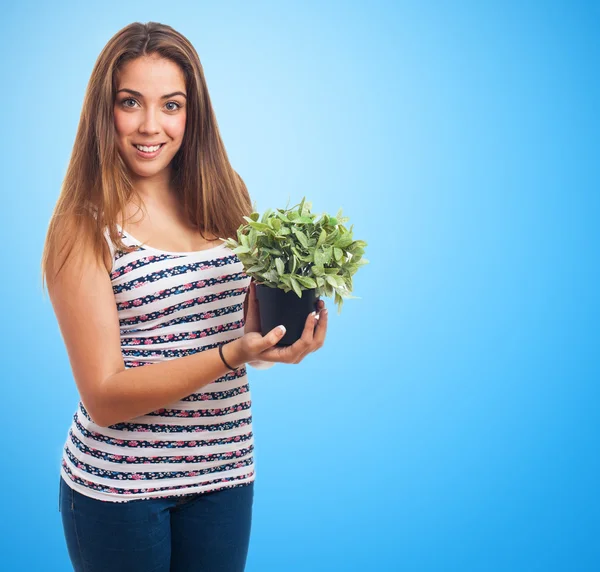 Girl holding a plant — Stock Photo, Image