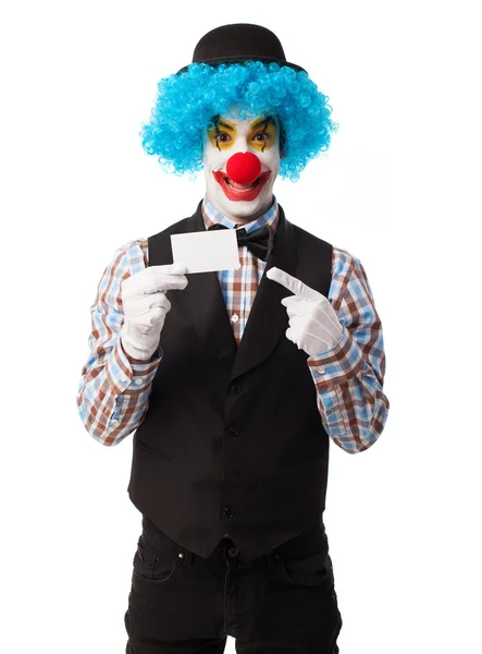 Clown showing a visit card — Stock Photo, Image