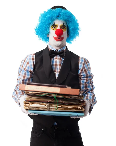 Clown holding a files stack — Stock Photo, Image