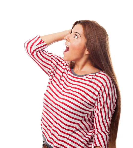 Mujer asombrada mirando hacia arriba — Foto de Stock