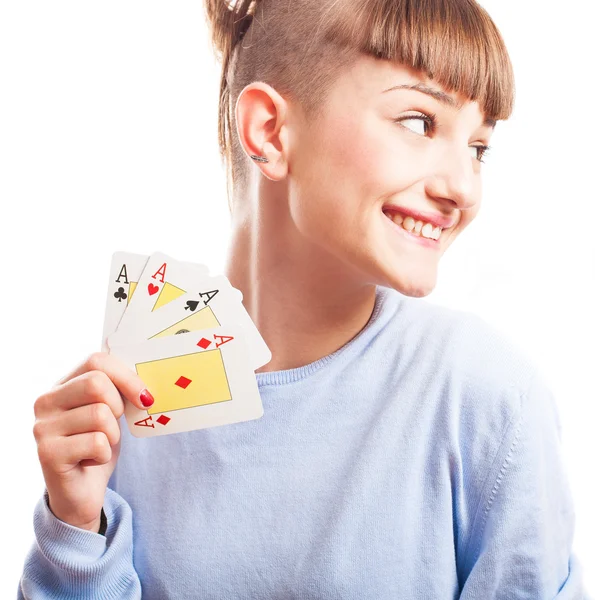Lány gazdaság kártyák — Stock Fotó