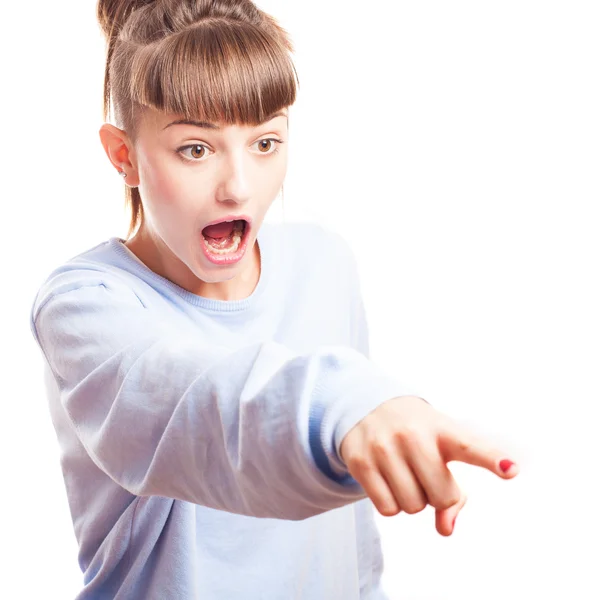 Surprised girl pointing — Stock Photo, Image