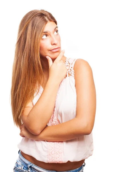 Woman with thinking gesture — Stock Photo, Image