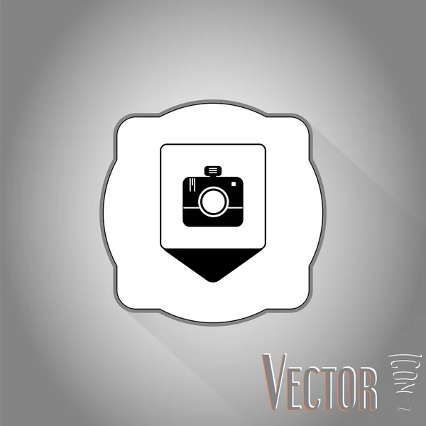 Puntero de mapa con el icono de la cámara fotográfica. Estilo de diseño plano — Vector de stock