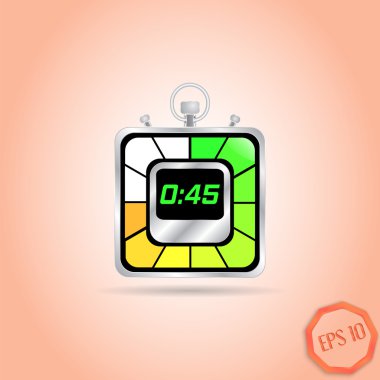 Elektronik kronometre simgesi. Gerçekçi metalik zamanlayıcı. Kırk beş saniye. Mutfak saati. Düz tasarım stili.