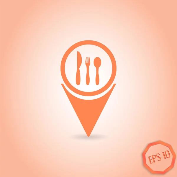 Map pointer - icon knife, spoon and fork. Cafe restaurant. Flat design style — Stock Vector