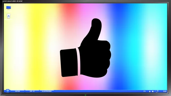 Ręka z kciuk ikonę na ekranie monitora — Wektor stockowy