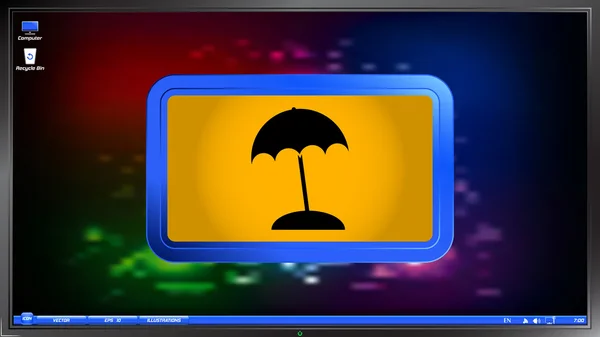 Beach and umbrella on the screen monitor. — Stock Vector