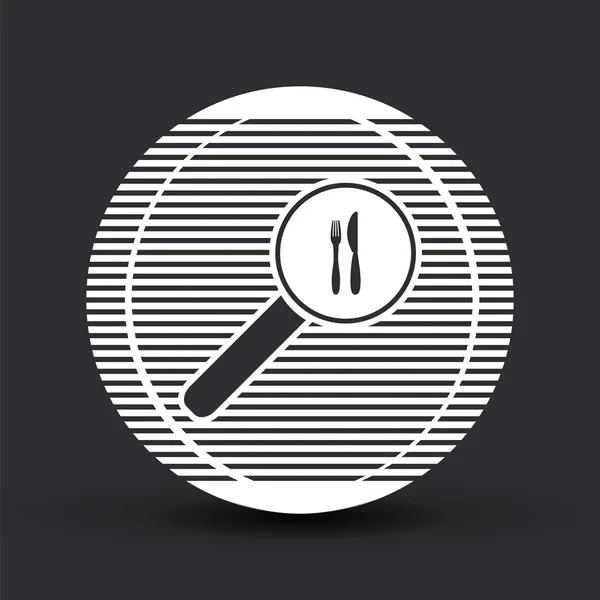 Lupa con icono de cuchillo tenedor. Estilo de diseño plano . — Archivo Imágenes Vectoriales