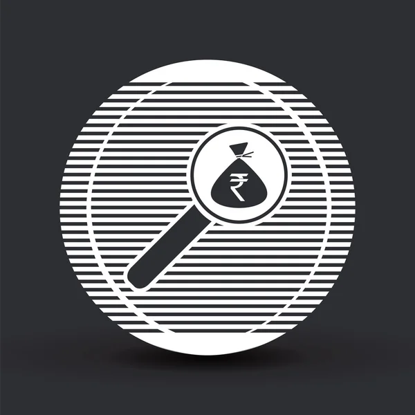 Büyüteç ile para çantası simgesini. Hint Rupisi para birimi simgesi. Düz tasarım stili. 