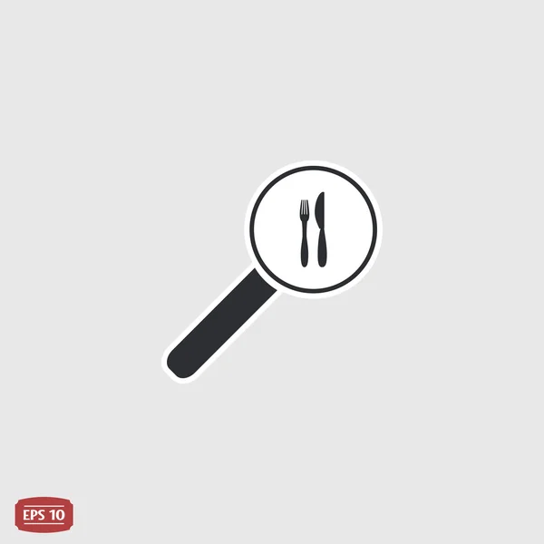 Lupa con icono de cuchillo tenedor. Estilo de diseño plano . — Vector de stock