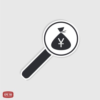 Büyüteç ile para çantası simgesini. Yen para birimi simgesi. Çin para birimi. Düz tasarım stili.