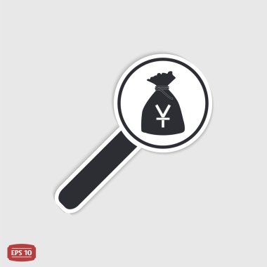 Büyüteç ile para çantası simgesini. Yen para birimi simgesi. Çin para birimi. Düz tasarım stili.