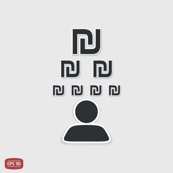 Adam para simgeler hakkında düşünüyor. İsrail Şekeli para birimi simgesi. Düz tasarım stili.