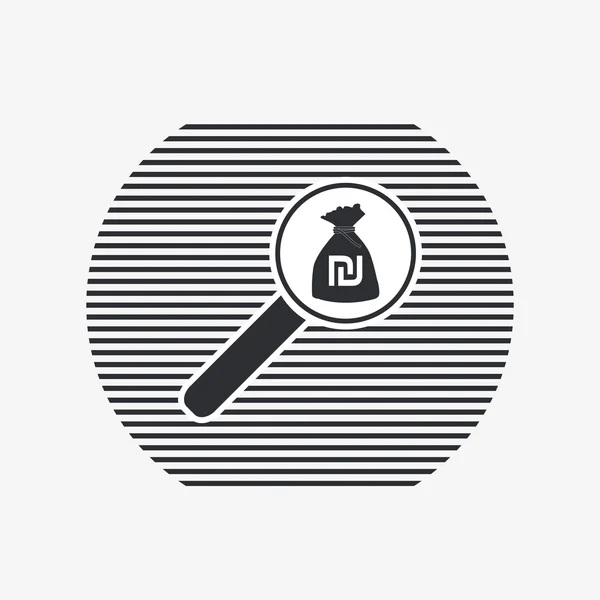 Loupe avec icône de sac d'argent. Symbole de devise Shekel israélien. Style design plat . — Image vectorielle