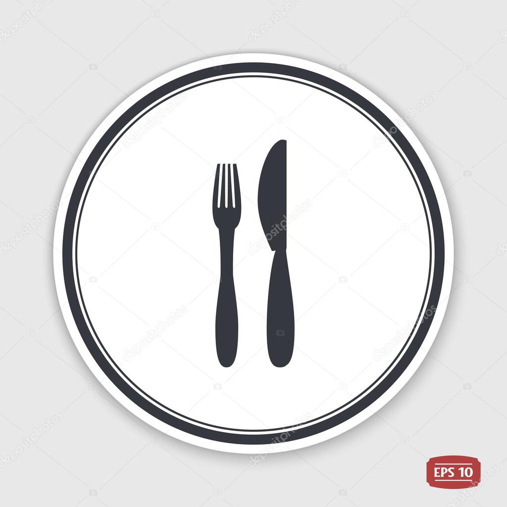 Icon of knife and fork. Icon cafe or restaurant. Flat design style. Emblem or label with shadow.