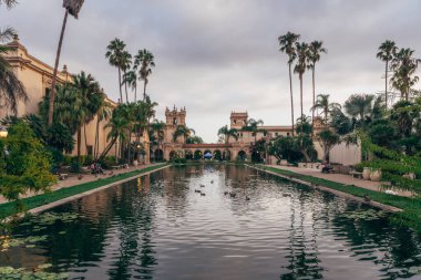 Ziyaretçiler, hava kararırken Balboa Park 'taki göletin yakınındaki sakin atmosferin tadını çıkarıyorlar. Palmiye ağaçları huzurlu sahneyi çerçeveler, güzelliği arttırır..