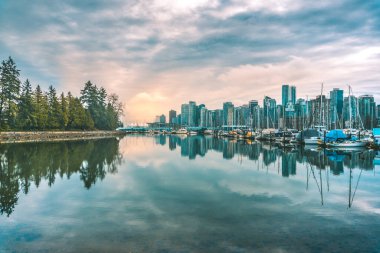 Yüksek binalar gün batımında bir marinanın durgun sularını yansıtır. Tekneler rıhtımda, kıyı boyunca ağaçlarla çevrili. Gökyüzü yumuşak bulutları ve ılık renkleri gösterir.