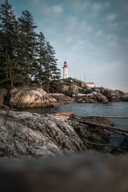 A lighthouse rises above rocky shores, surrounded by tall trees and calm waters. The scene captures a serene coastal view at twilight, evoking peace and wonder.