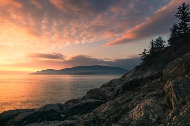 A colorful sunset lights up the sky above calm ocean waters. Large rocks line the shore, with trees standing tall in the background. This peaceful scene captures nature's beauty.