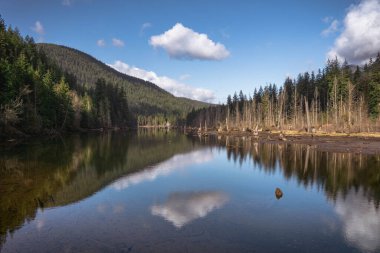 A serene lake reflects the surrounding mountains and trees under a blue sky with clouds. The scene captures the essence of nature's beauty and tranquility.