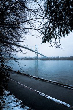 A serene landscape features a bridge stretching across still water. Trees surround the area, and light snow covers the ground under a gray sky.
