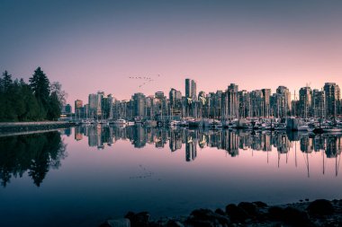 Akşam gökyüzü, Vancouver 'ın ufuk çizgisine yumuşak bir ışıltı yayıyor. Suyu güzel bir şekilde yansıtıyor. Şehrin ışıkları parlamaya başlayınca gemiler huzur içinde yanaştı..