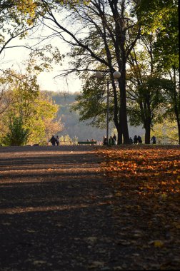 Sonbaharda bir park. Sıcak bir sonbahar gününde kalabalık şehir parkı; insanlar gerçekten güzel havanın tadını çıkarıyorlar..